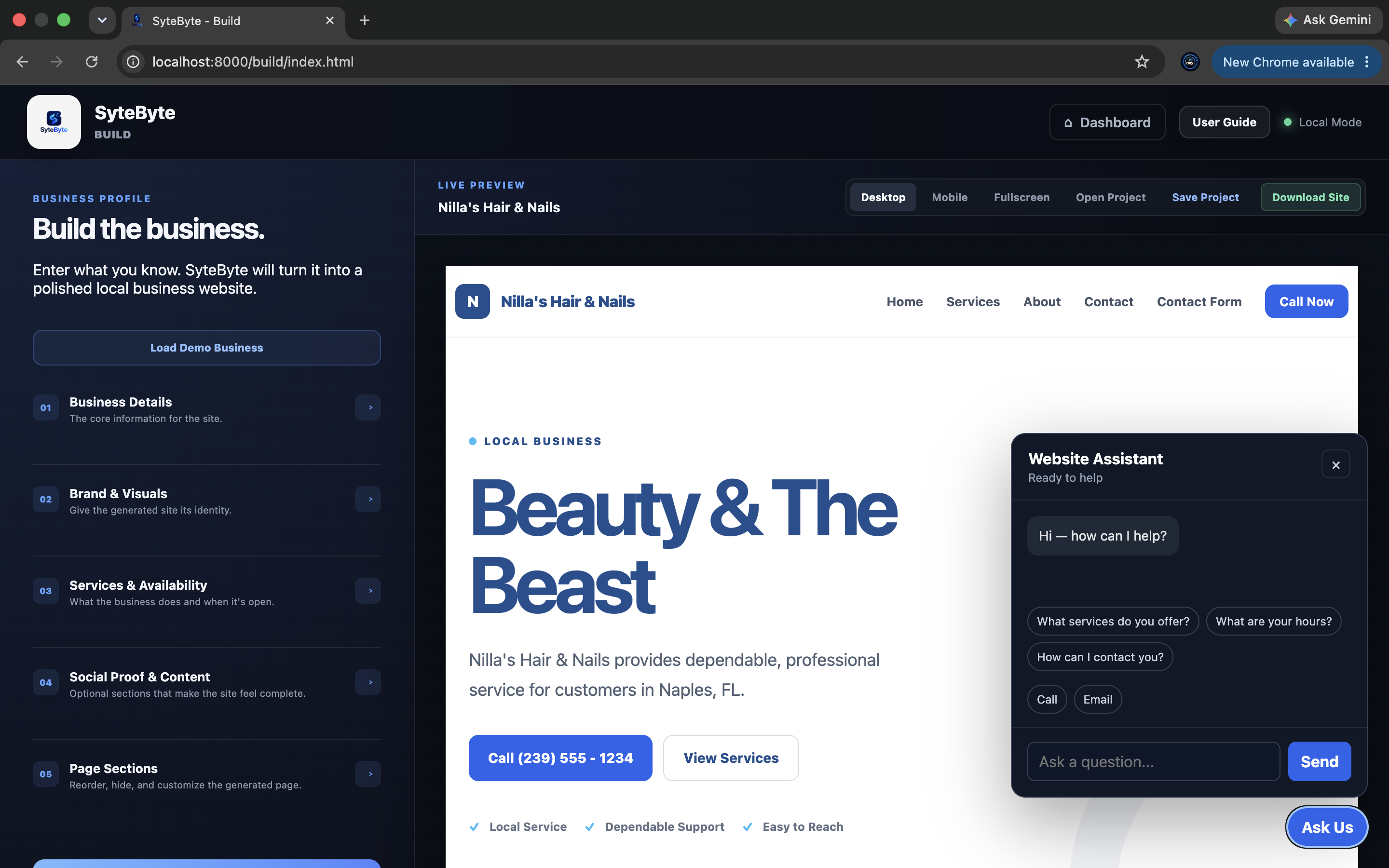 SyteByte Build preview with Website Assistant open