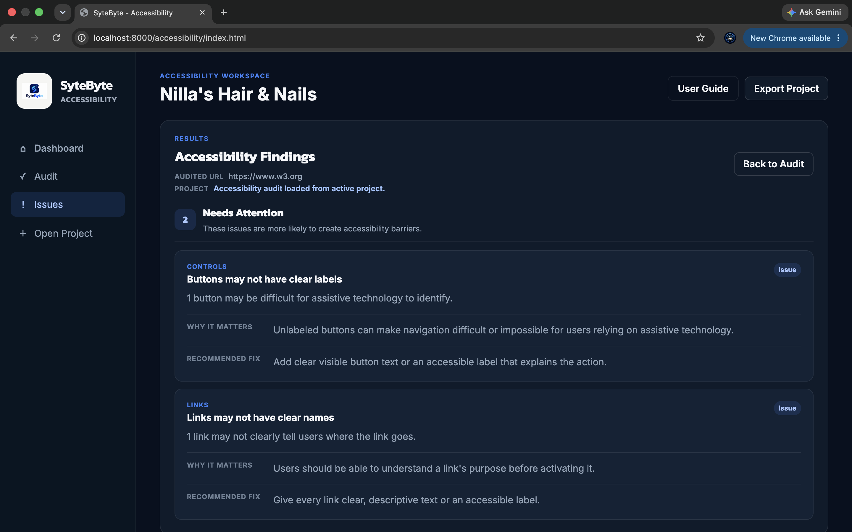 SyteByte Accessibility findings dashboard
