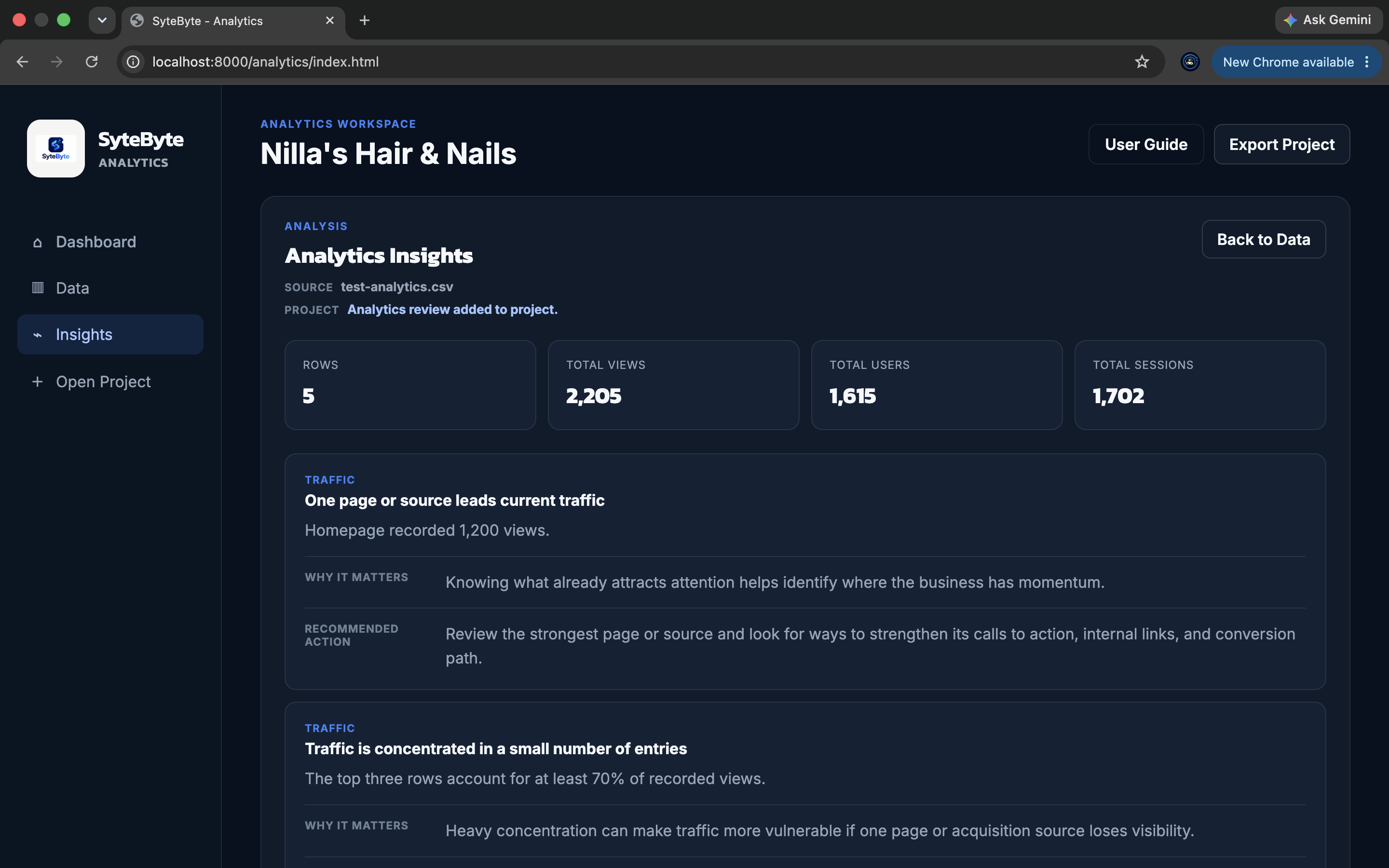SyteByte Analytics insights dashboard