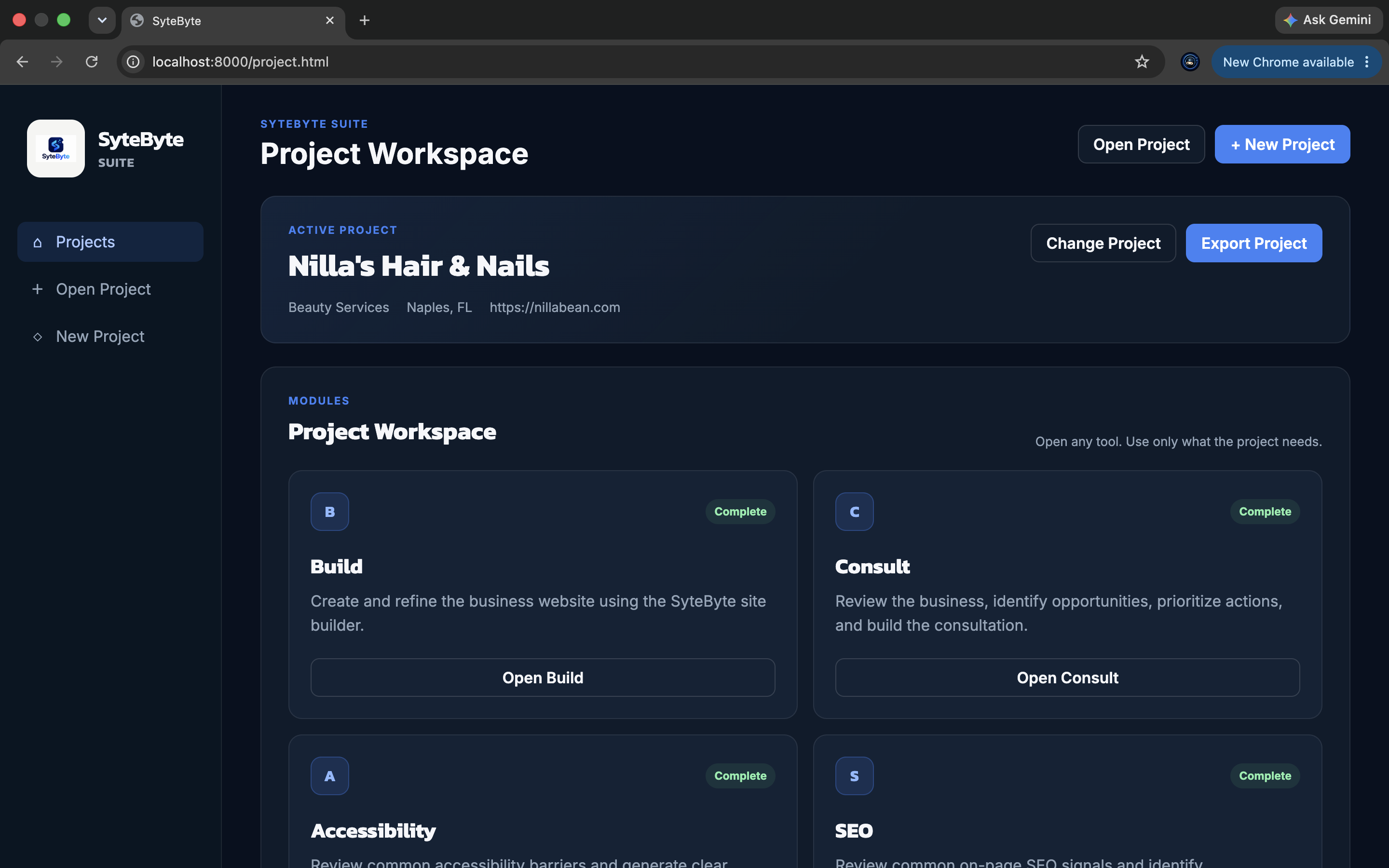 SyteByte Project Workspace showing connected website tools